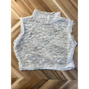 Y2K Sheer White Lace Mock Neck Sleeveless Crop Top Women XS/S Coquette Romantic